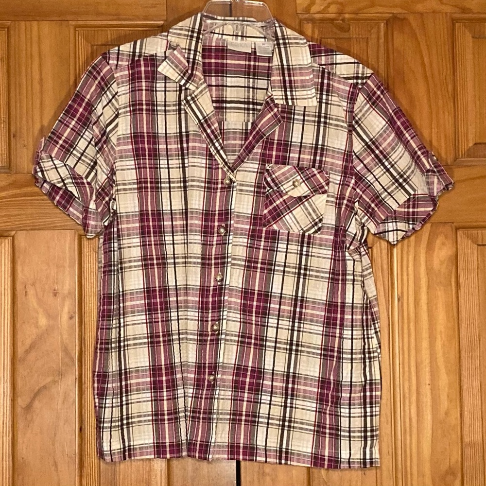 NWOT Erika Vintage 80s 90s Top Short Sleeve Blouse Plaid Red Tan Cream Black M